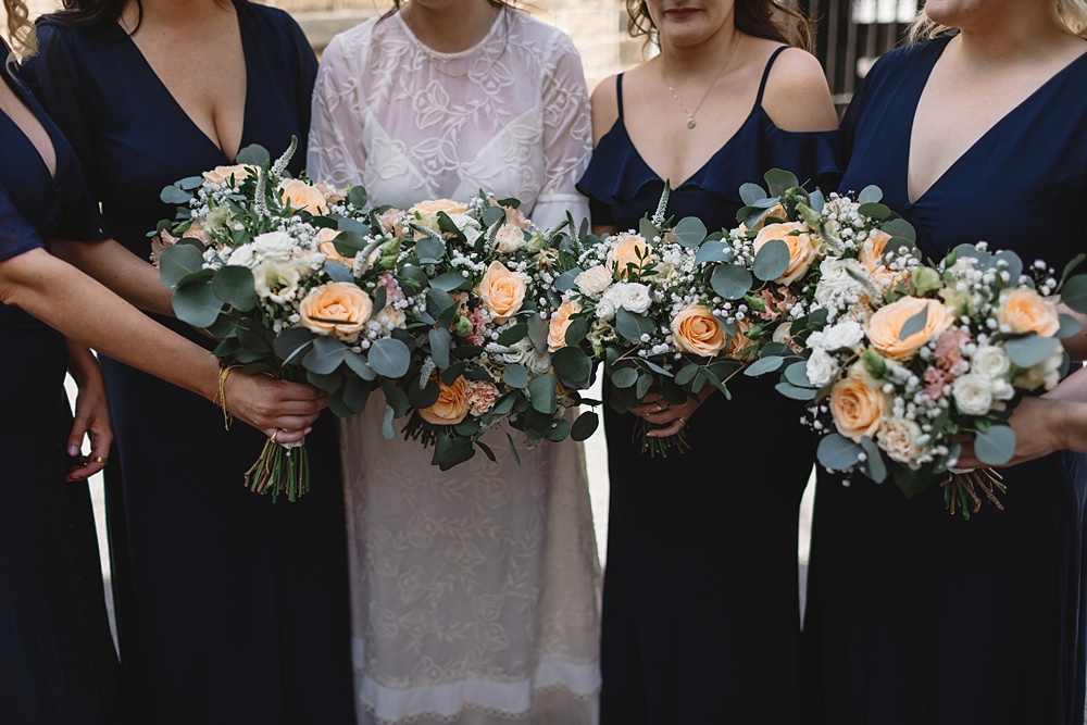 Bouquet Flowers Rose Cream Peach Eucalyptus Bridesmaids Venue Bowers Mill Wedding Louise Barry Photographer