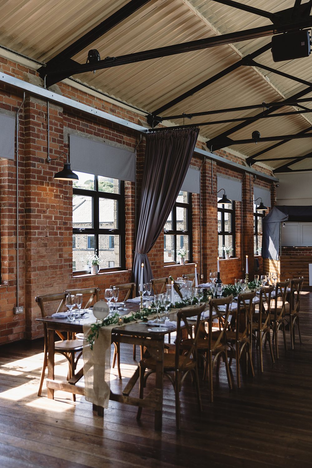Long Table Decor Candles Greenery Hessian Venue Bowers Mill Wedding Louise Barry Photographer