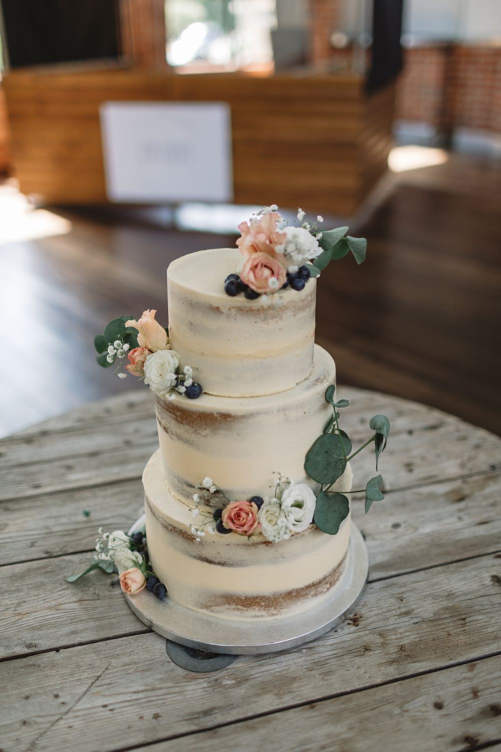 Semi Naked Cake Flowers Venue Bowers Mill Wedding Louise Barry Photographer
