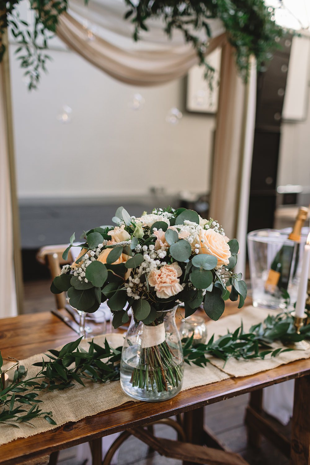 Bouquet Flowers Rose Cream Peach Eucalyptus Top Table Decor Venue Bowers Mill Wedding Louise Barry Photographer