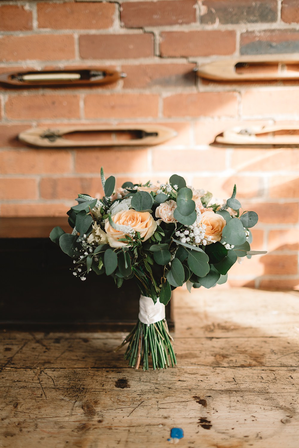 Bouquet Flowers Rose Cream Peach Eucalyptus Venue Bowers Mill Wedding Louise Barry Photographer