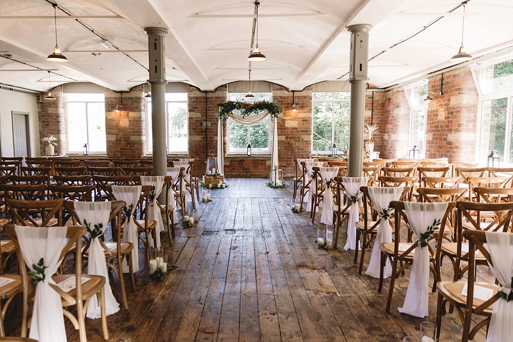 Ceremony Chair Sash Candles Backdrop Arch Venue Bowers Mill Wedding Louise Barry Photographer