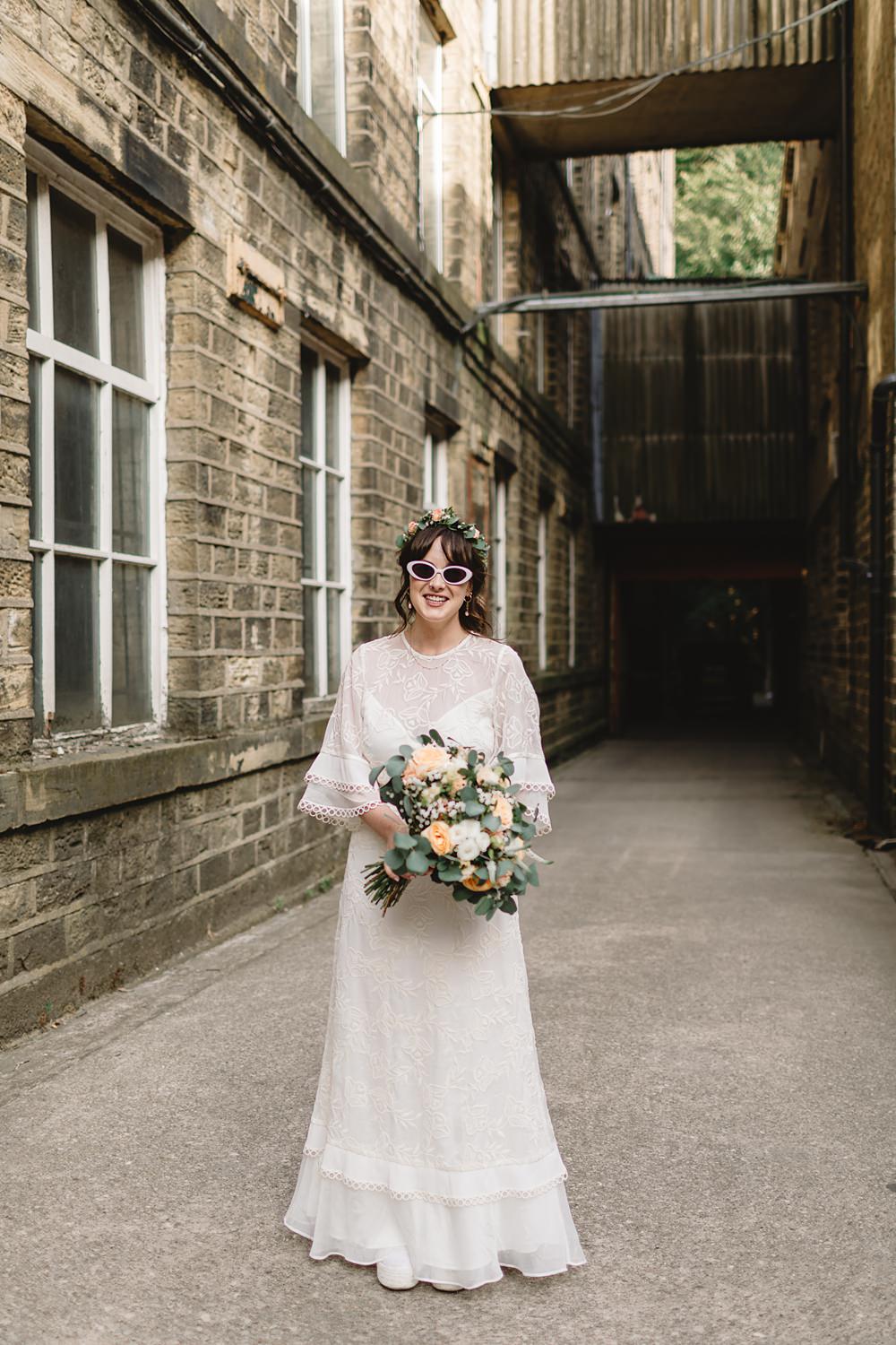 Dress Gown Bride Bridal Short Sleeves Ruffle Venue Bowers Mill Wedding Louise Barry Photographer