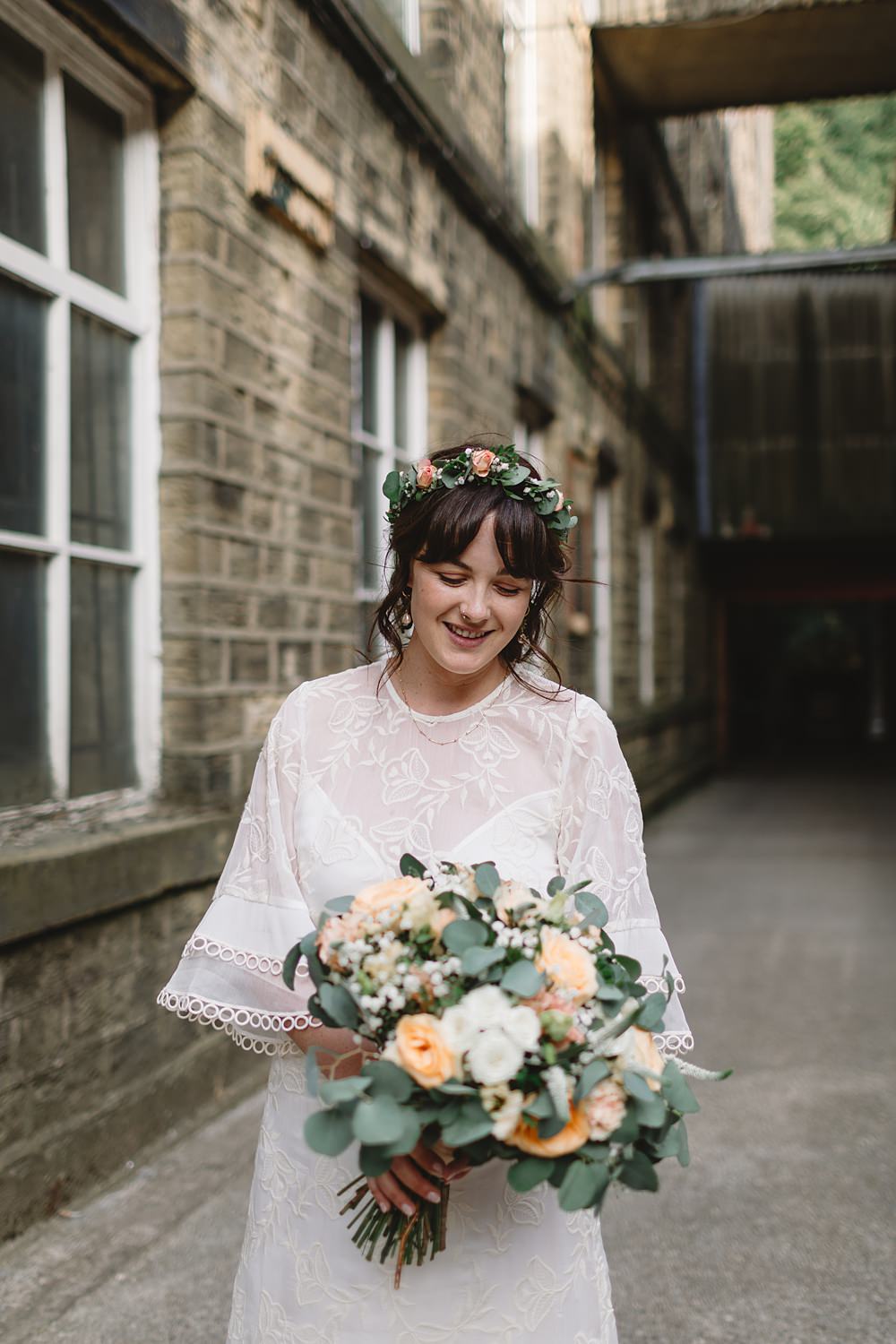Flower Crown Bride Venue Bowers Mill Wedding Louise Barry Photographer