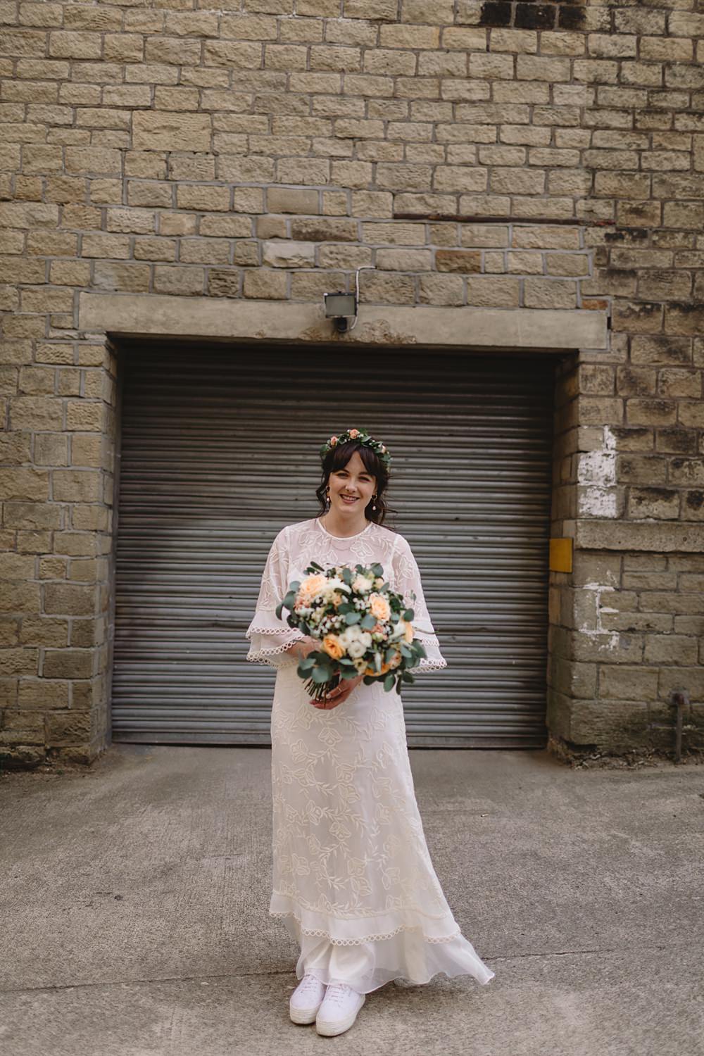 Dress Gown Bride Bridal Short Sleeves Ruffle Venue Bowers Mill Wedding Louise Barry Photographer