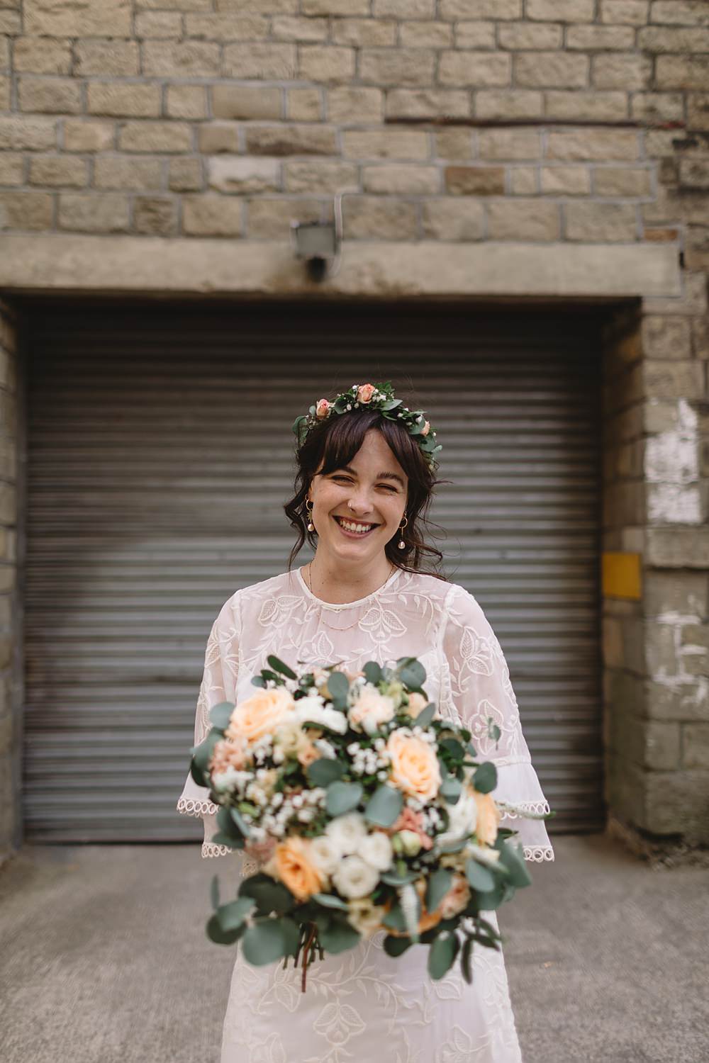 Bouquet Flowers Rose Cream Peach Eucalyptus Bride Venue Bowers Mill Wedding Louise Barry Photographer