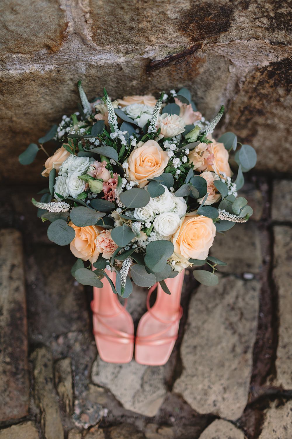 Bouquet Flowers Rose Cream Peach Eucalyptus Venue Bowers Mill Wedding Louise Barry Photographer