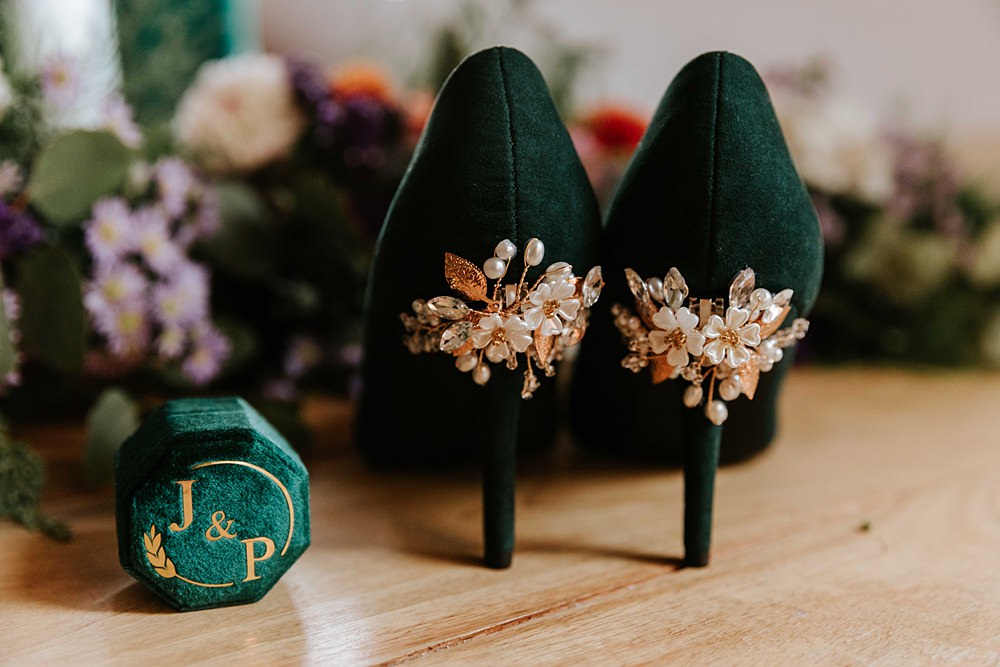 West Yorkshire Hall Wedding Maddie Farris Photography Green Velvet Shoes Ring Box