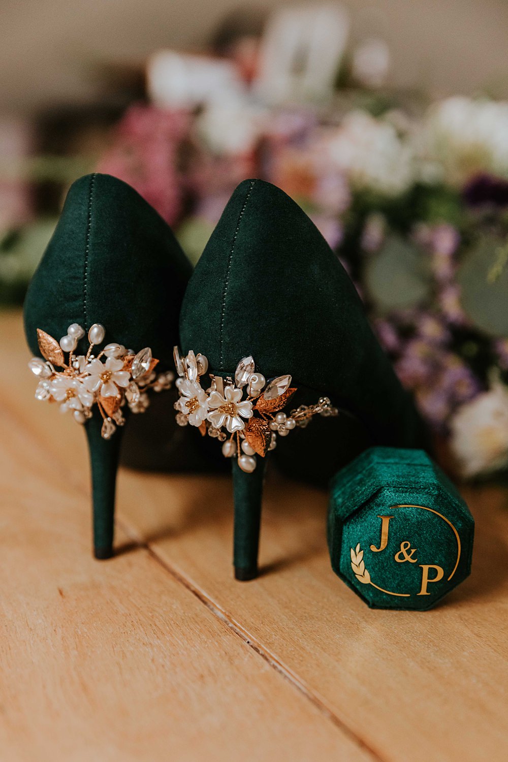 Green Velvet Shoes Ring Box West Yorkshire Hall Wedding Maddie Farris Photography