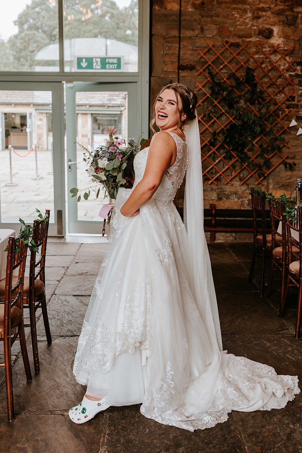 Dress Gown Bride Bridal Lace Tulle Straps Veil West Yorkshire Hall Wedding Maddie Farris Photography