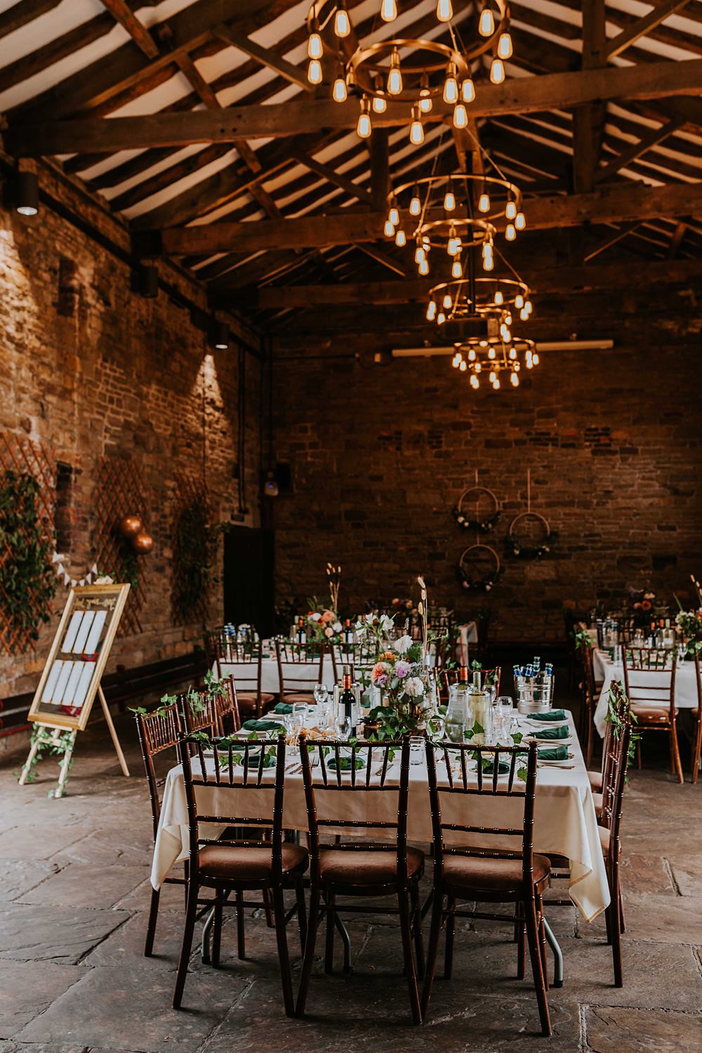 Stone Barn Reception Square Tables Decor West Yorkshire Hall Wedding Maddie Farris Photography