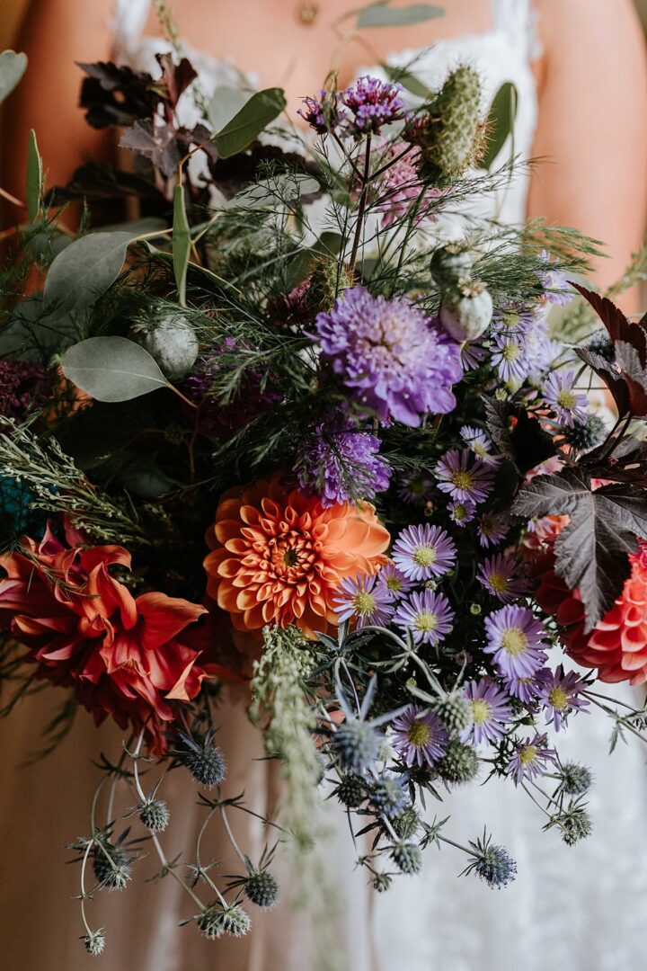 Bouquet Flowers Orange Purple Bride Bridal West Yorkshire Hall Wedding Maddie Farris Photography
