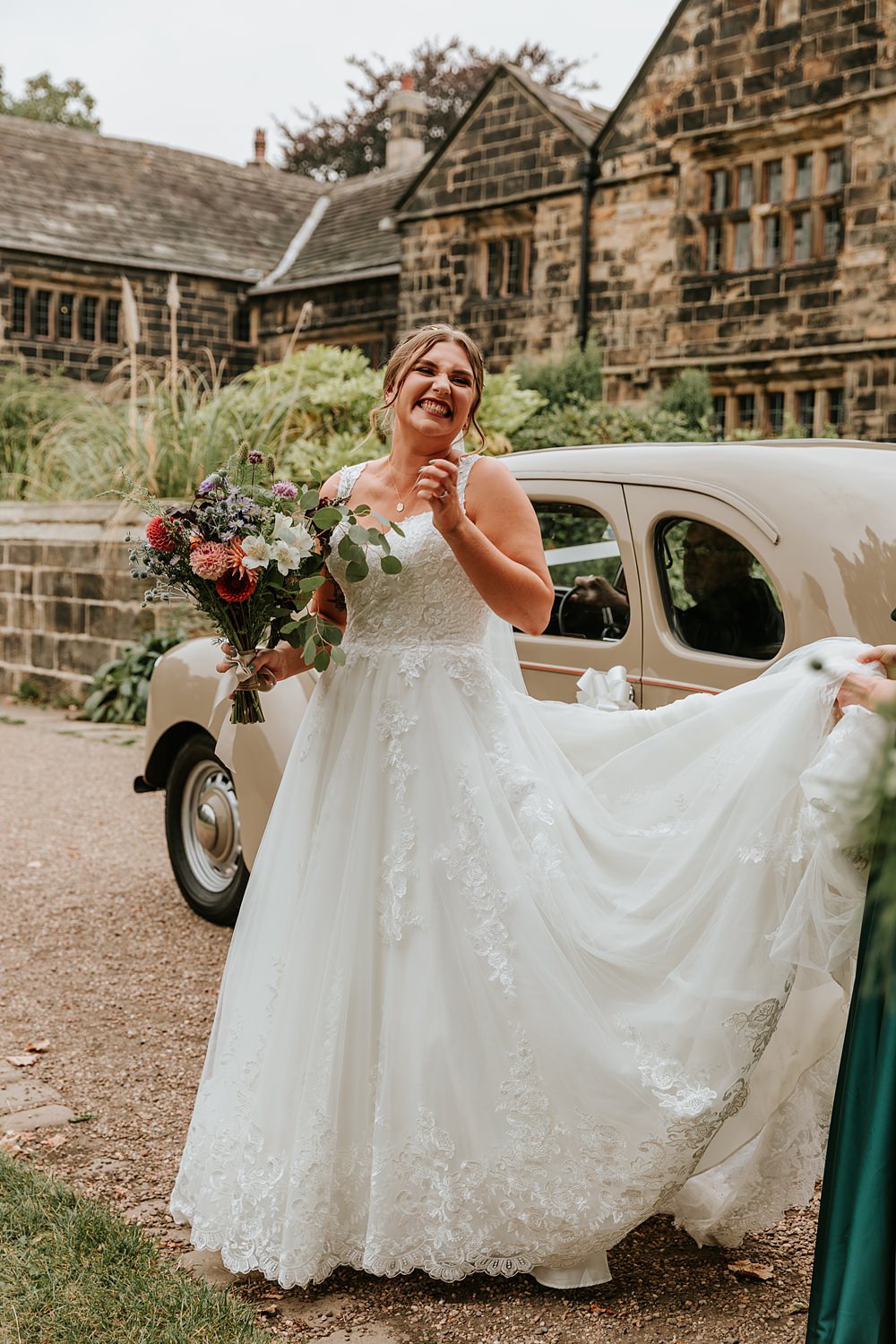Dress Gown Bride Bridal Lace Tulle Straps Veil West Yorkshire Hall Wedding Maddie Farris Photography