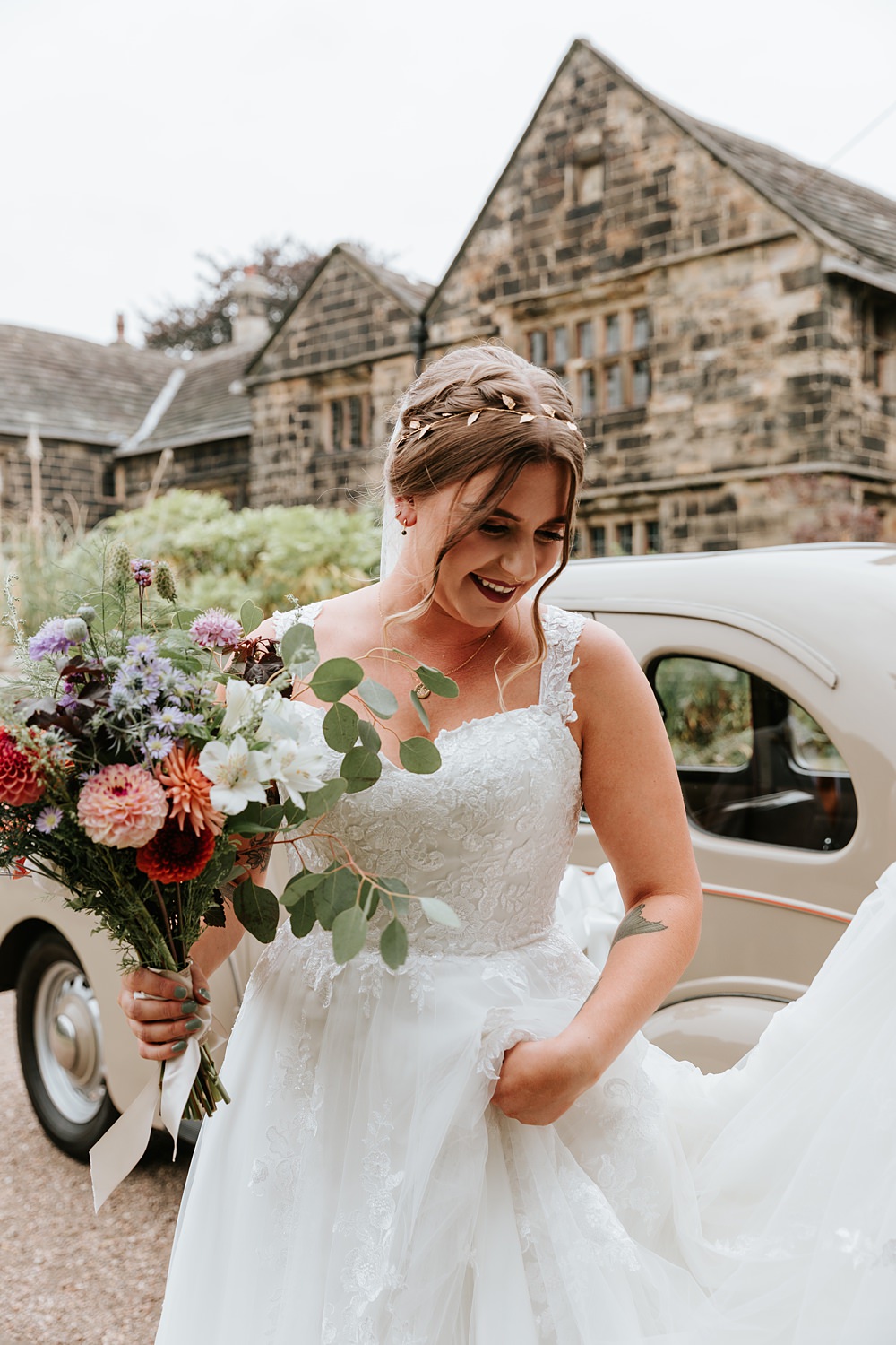 Dress Gown Bride Bridal Lace Tulle Straps Veil West Yorkshire Hall Wedding Maddie Farris Photography