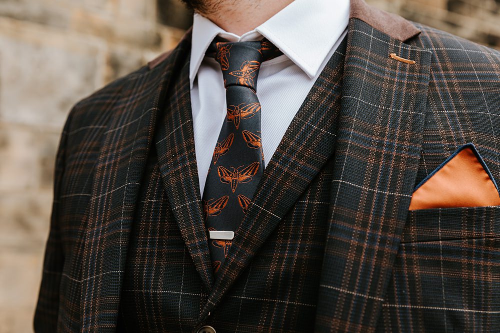 Groom Check Suit Moth Tie West Yorkshire Hall Wedding Maddie Farris Photography