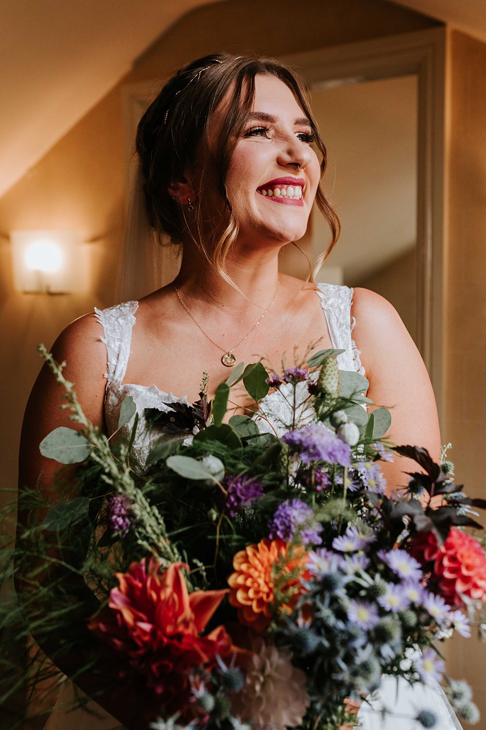 Bouquet Flowers Orange Purple Bride Bridal West Yorkshire Hall Wedding Maddie Farris Photography