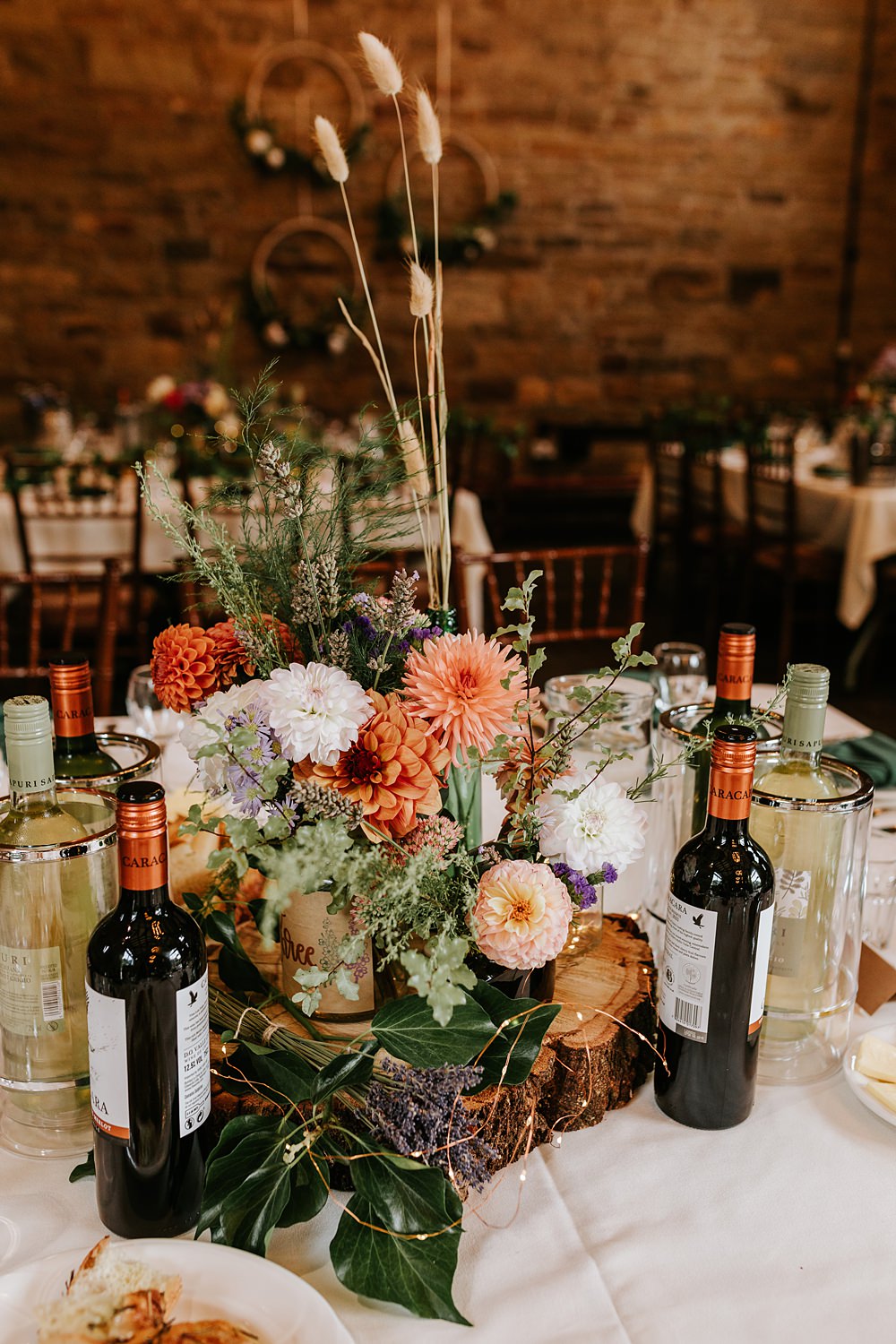 Orange Cream Dahlia Centrepiece Flowers West Yorkshire Hall Wedding Maddie Farris Photography