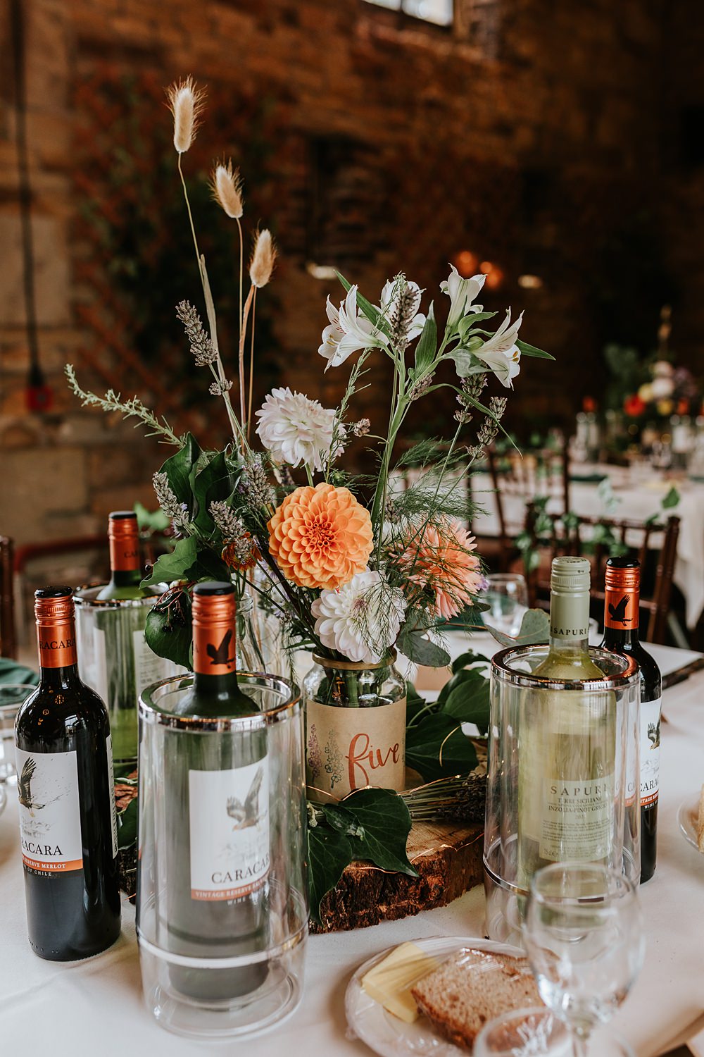 Orange Cream Dahlia Centrepiece Flowers West Yorkshire Hall Wedding Maddie Farris Photography