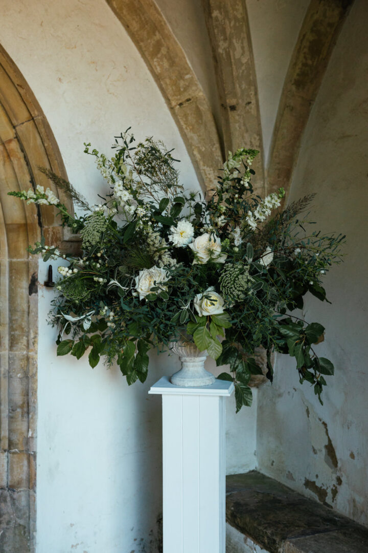 White Pedestal Wedding Flower Ideas Rose Matilda Delves Photography