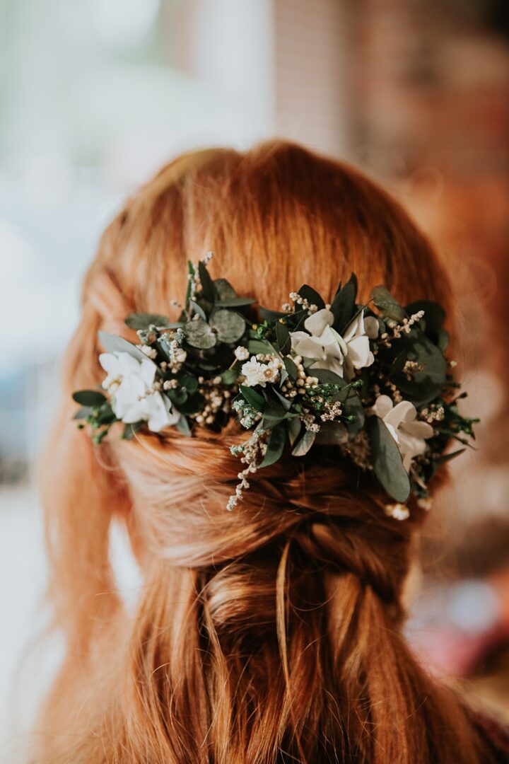 White Wedding Flower Arrangement Bride Hair Maddie Farris Photography