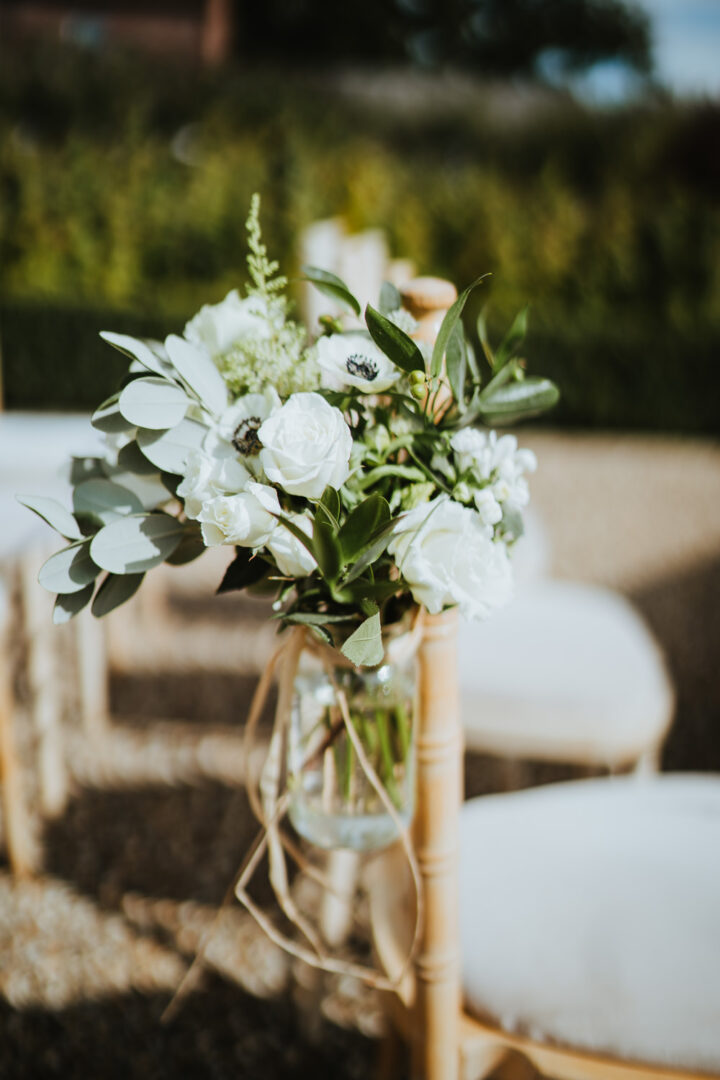 White Wedding Flower Idea Chair Aisle Nicola Dawson Photography