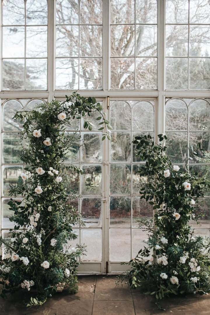 White Wedding Flowers Arch Backdrop Pear & Bear Photography