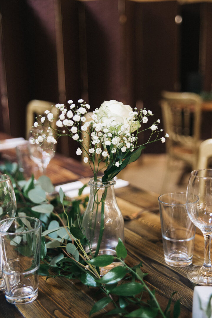White Wedding Flowers Bottle Table Gypsophila Rose Sally T Photography