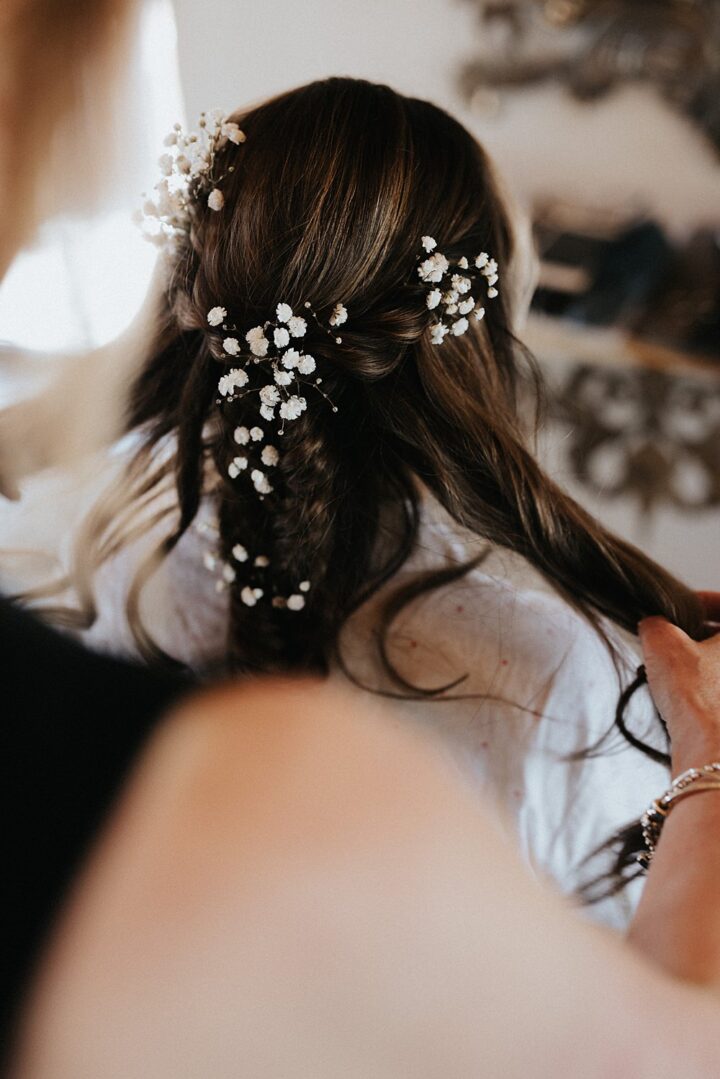 White Wedding Flowers Hair Braid Matt Horan Photography