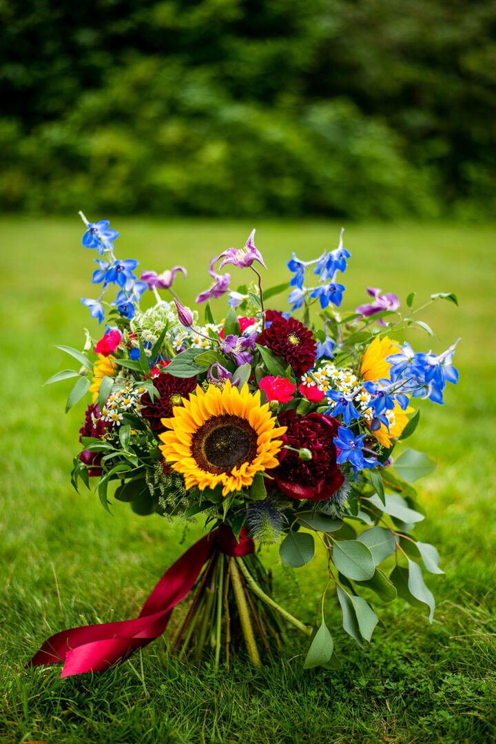 Blue Red Yellow Sunflower Wedding Bouquet Idea Holly Driver Photography