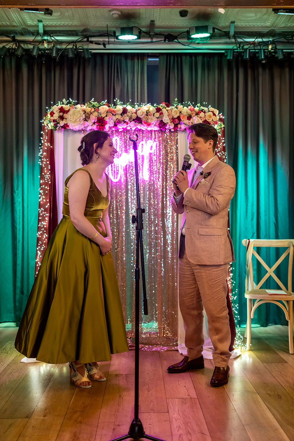 Ceremony Backdrop Neon Sign Flower Sequin Curtain Century Club Wedding Sophie Cass