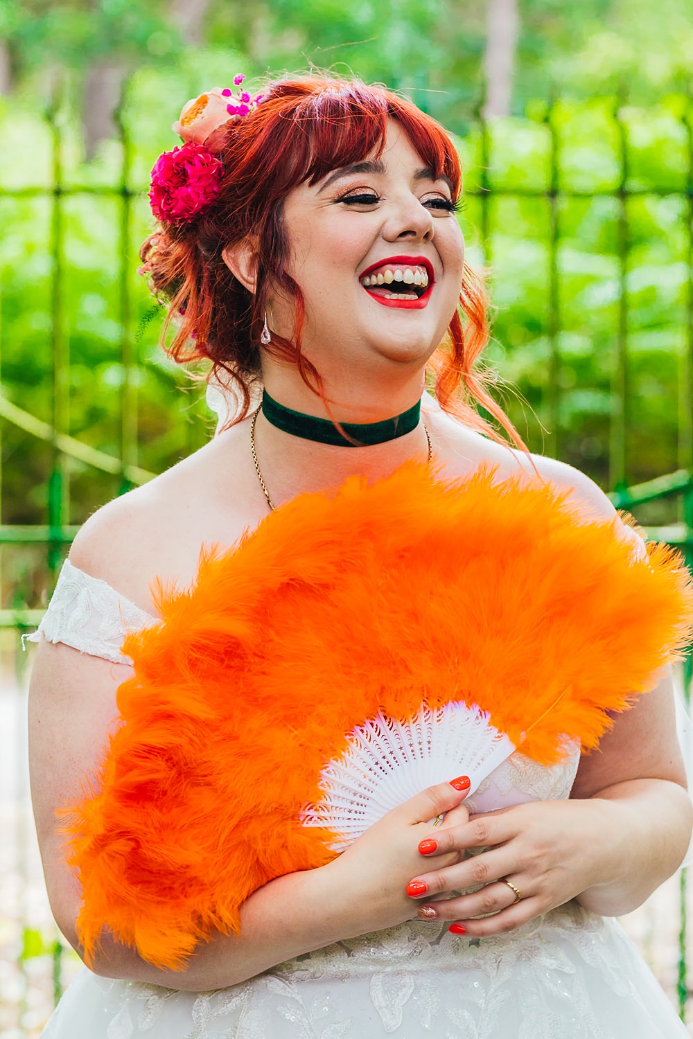 Bride Orange Feather Fan Faerie Tea Party Wedding Kirsty Rockett Photography