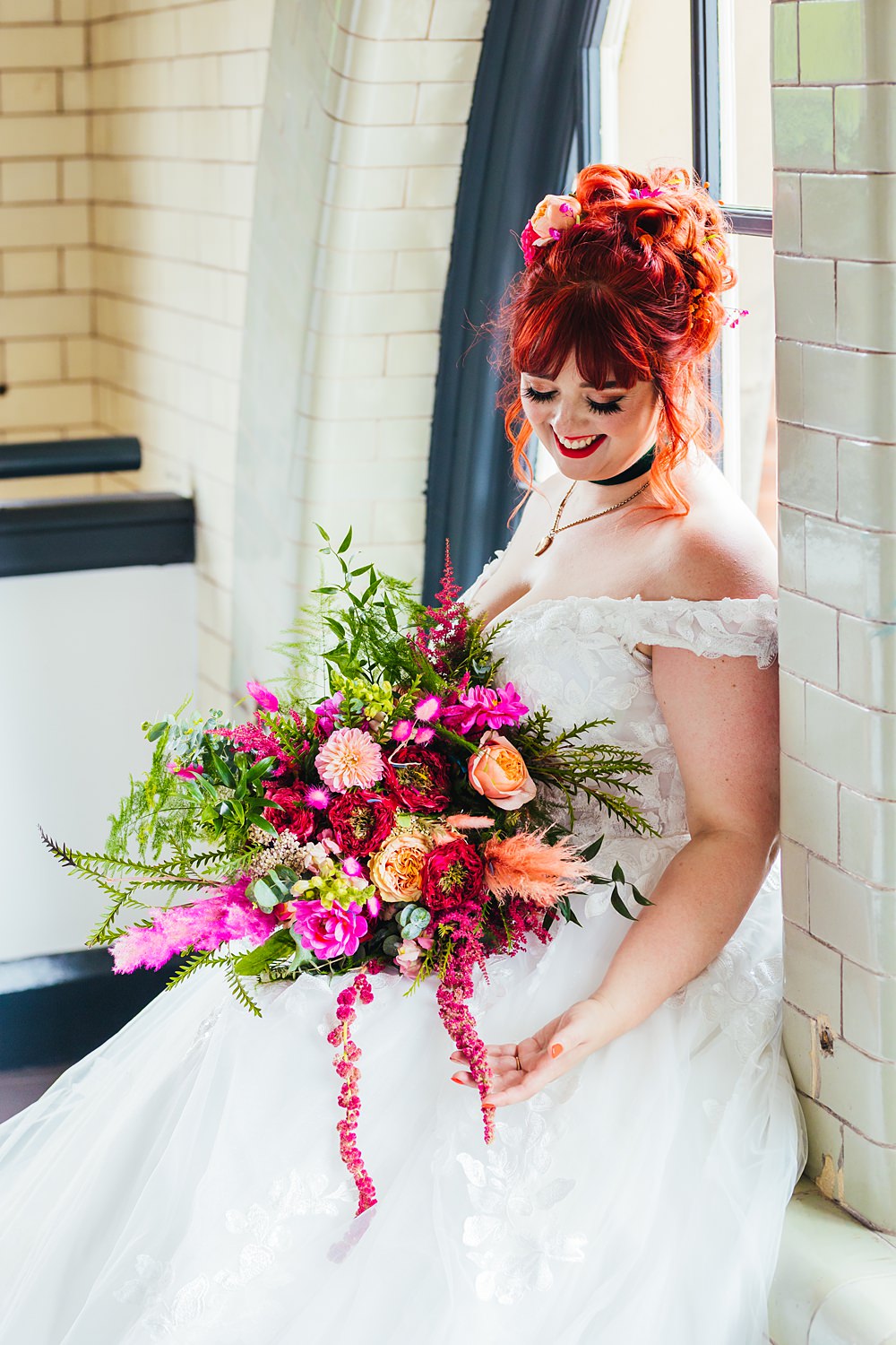 Bouquet Flowers Bride Bridal Pink Peach Red Faerie Tea Party Wedding Kirsty Rockett Photography