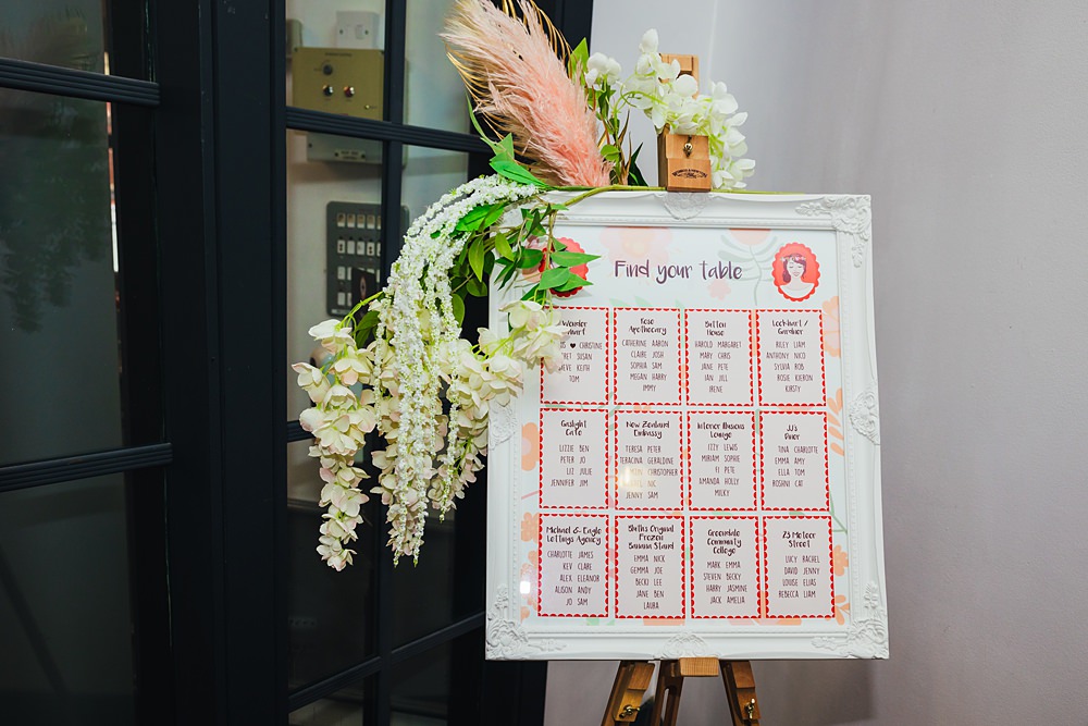 Table Plan Frame Flowers Faerie Tea Party Wedding Kirsty Rockett Photography