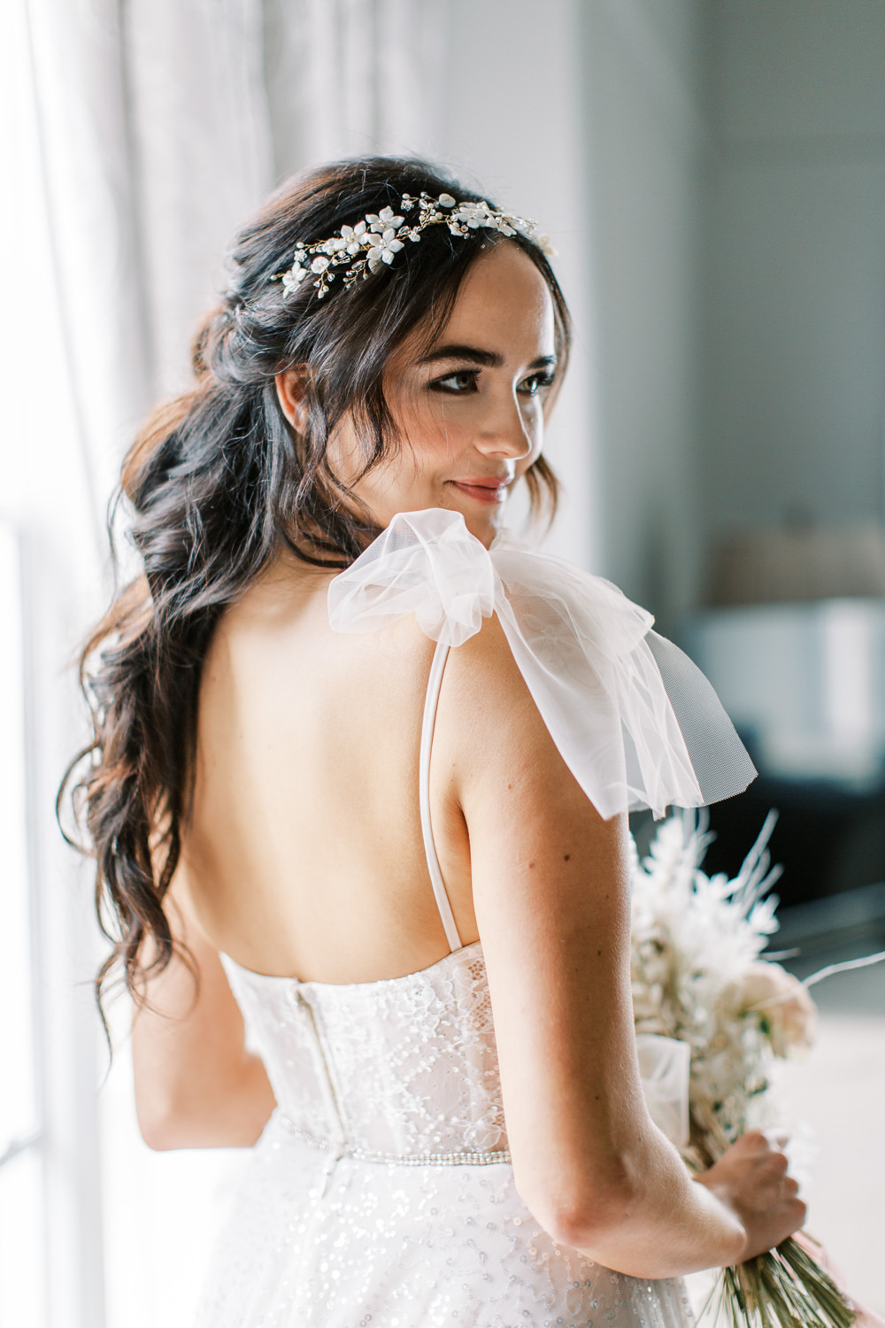 Bridal Hairstyle Waves Pins Tiara Glewstone Court Wedding Iris and Ivy Photography