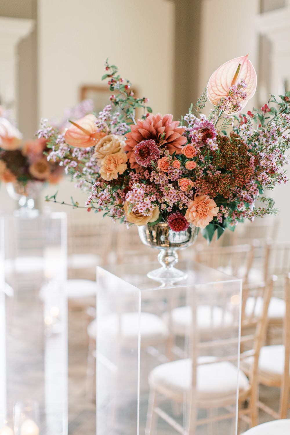 Modern Flowers Pink Orange Acrylic Towers Glewstone Court Wedding Iris and Ivy Photography