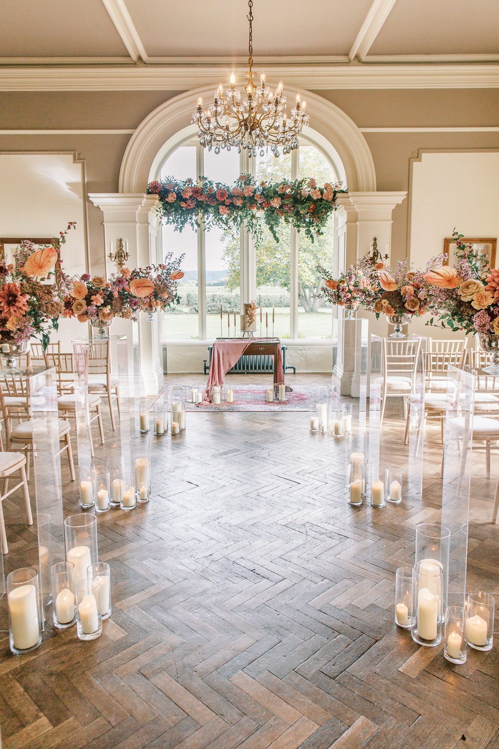 Aisle Decor Candles Flowers Pew End Glewstone Court Wedding Iris and Ivy Photography