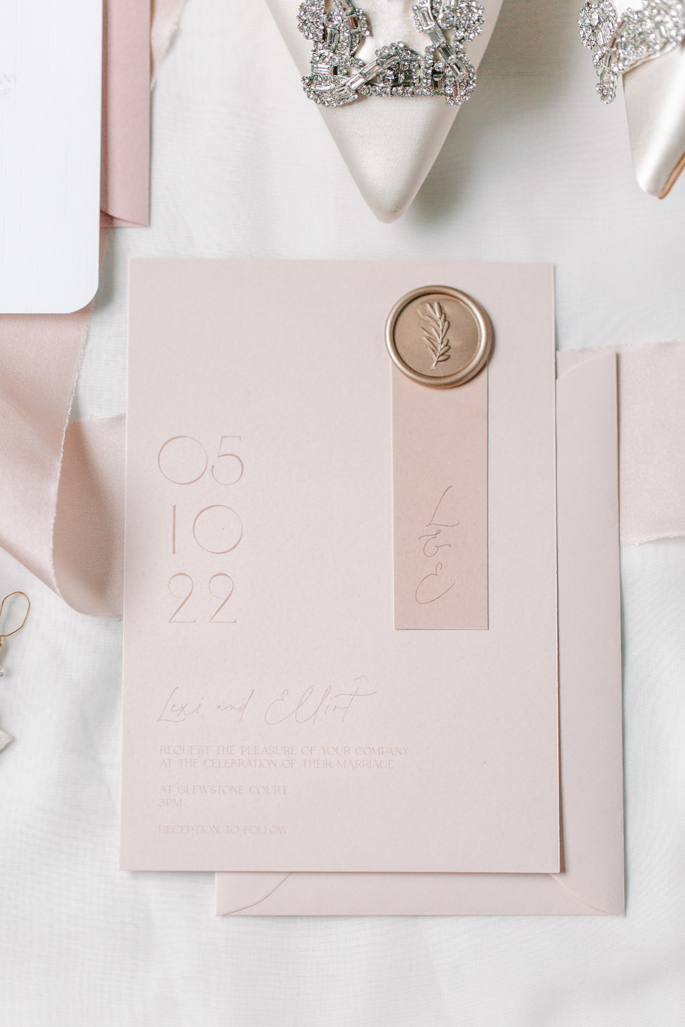 Pink Stationery Invite Wax Seal Glewstone Court Wedding Iris and Ivy Photography