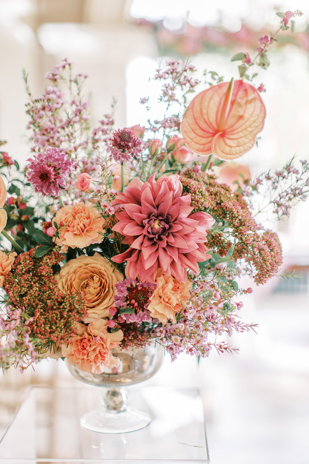 Modern Flowers Pink Orange Acrylic Towers Glewstone Court Wedding Iris and Ivy Photography