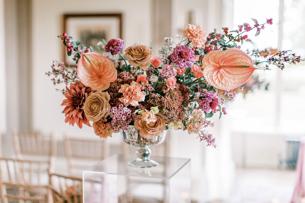 Modern Flowers Pink Orange Acrylic Towers Glewstone Court Wedding Iris and Ivy Photography