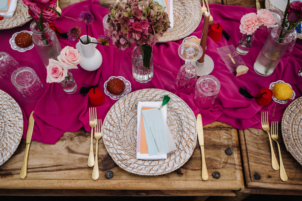 Place Setting Gold Cutlery Pink Runner Flowers Italian Lebanese Wedding Francesco Pennacchietti