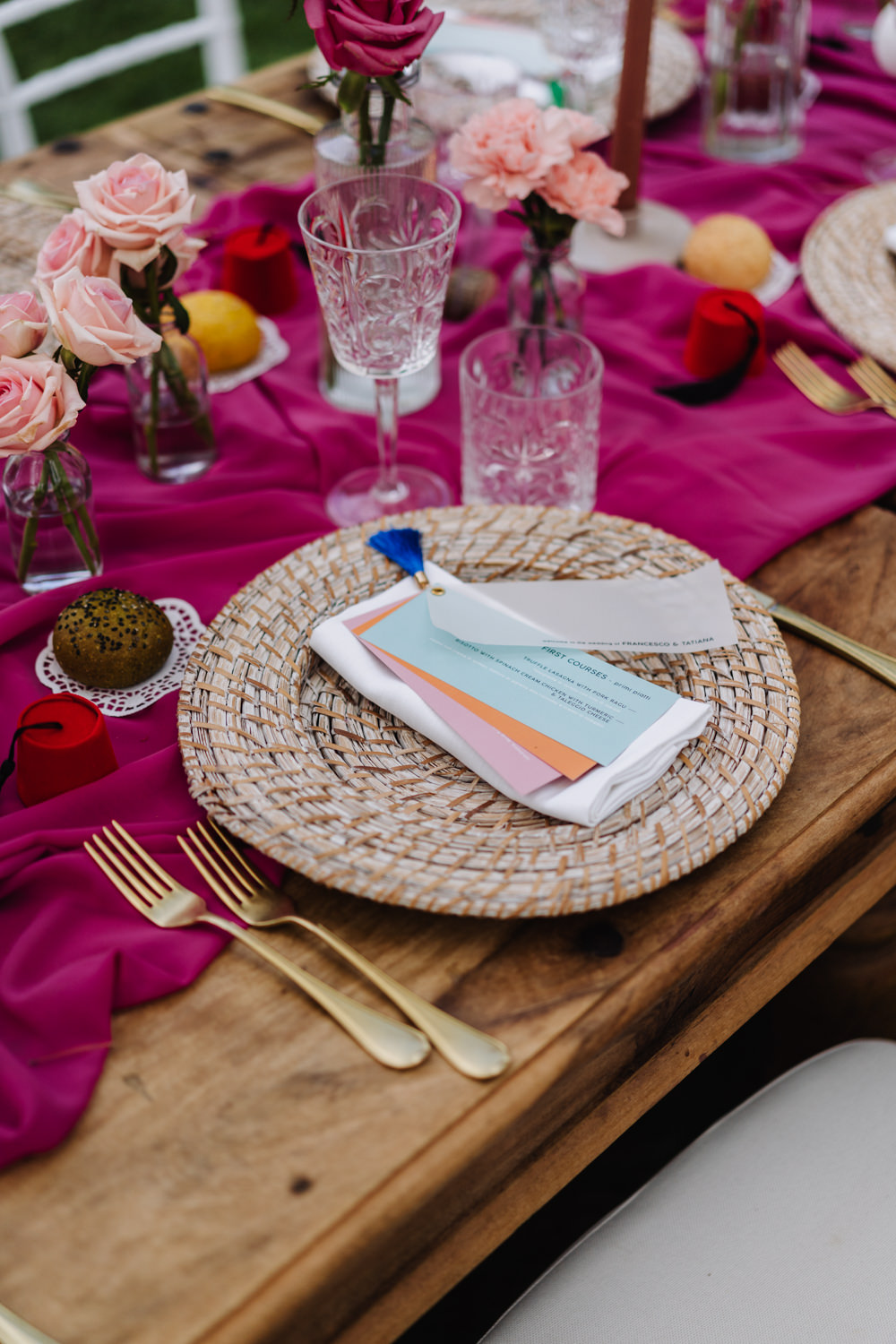 Place Setting Gold Cutlery Pink Runner Flowers Italian Lebanese Wedding Francesco Pennacchietti