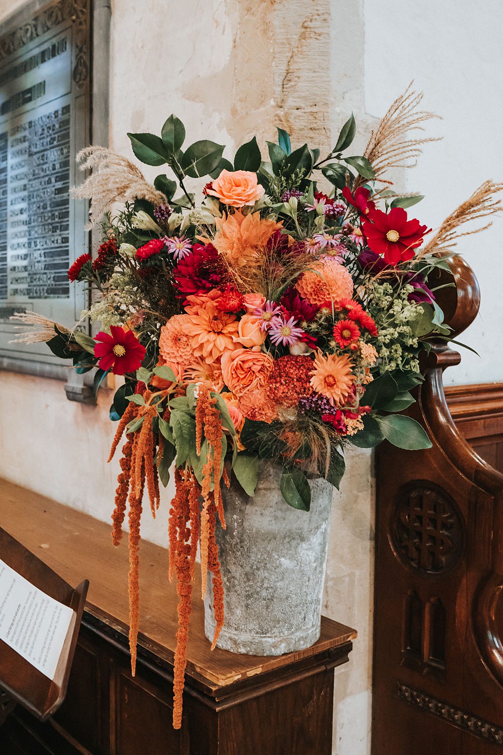 Autumn Church Flowers Orange Dahlia Red Milk Churn Kent Village Hall Wedding Holly Rose Weddings