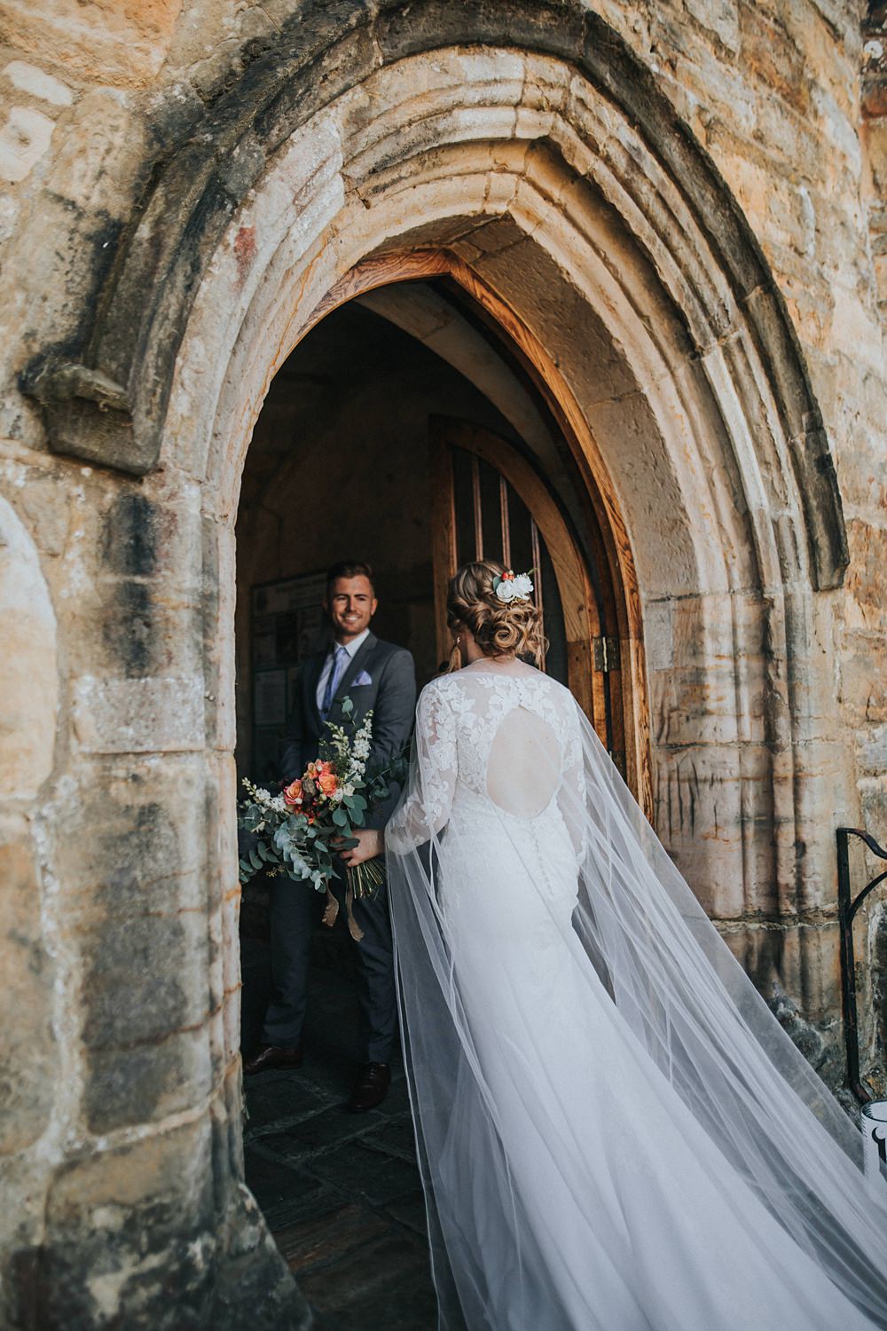 Bride Dress Lace Long Sleeve Cape Veil Mori Lee Kent Village Hall Wedding Holly Rose Weddings
