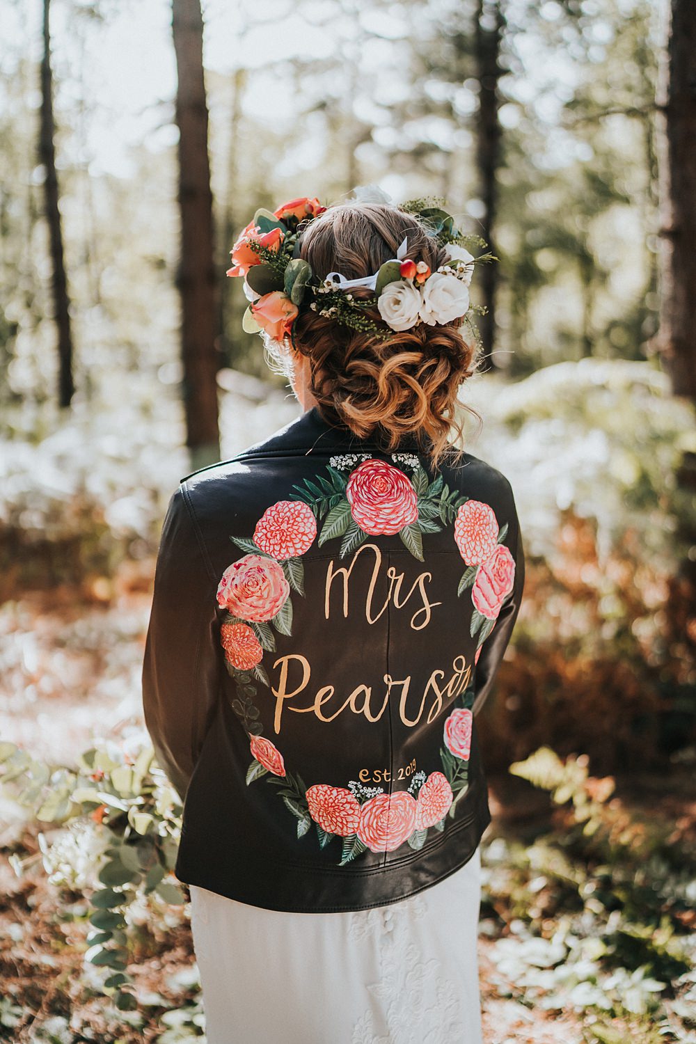 Custom Painted Bridal Leather Jacket Kent Village Hall Wedding Holly Rose Weddings
