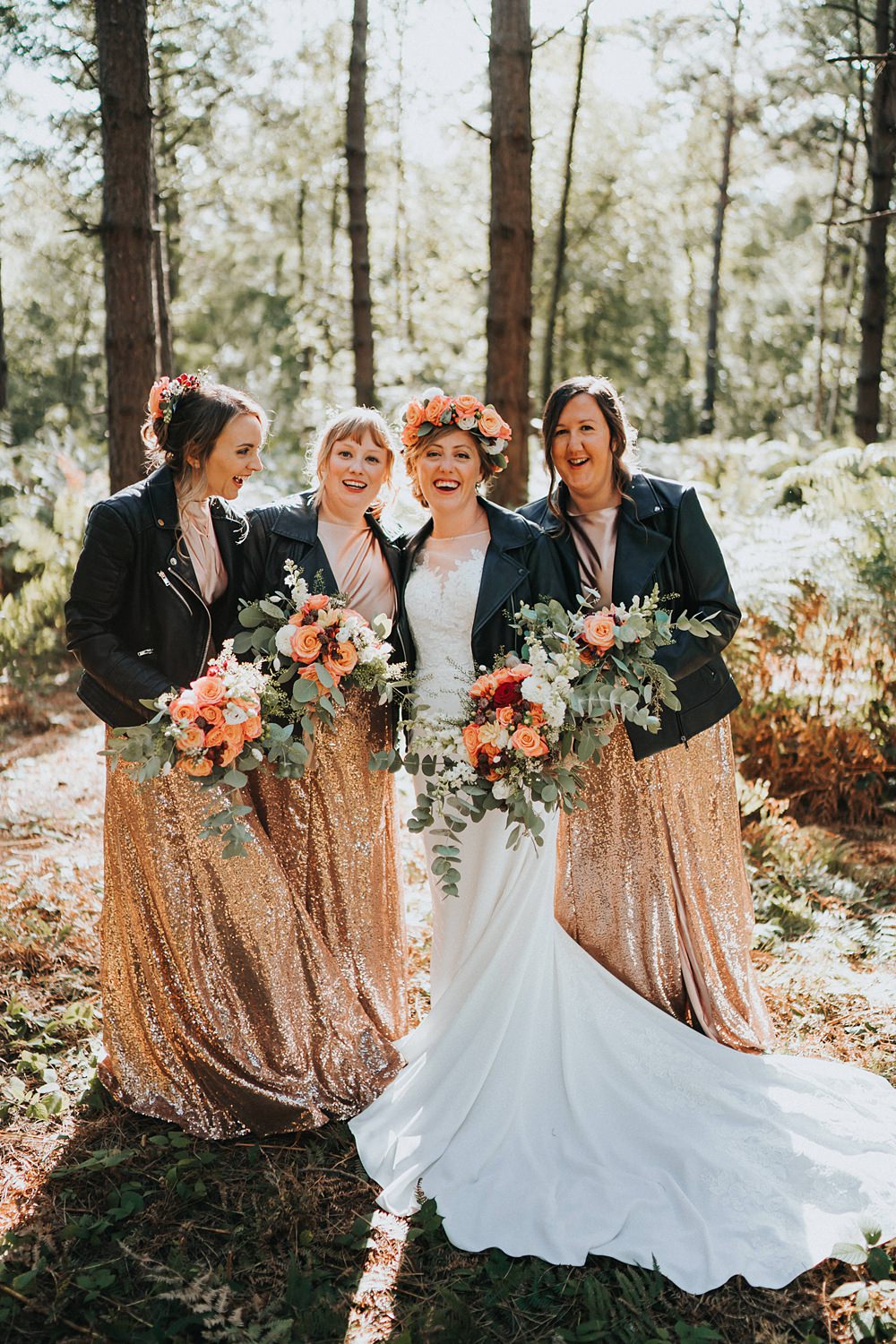 Sequin Bridesmaid Dresses Gold Leather Jackets Kent Village Hall Wedding Holly Rose Weddings