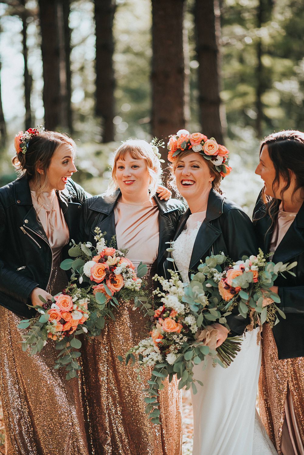 Sequin Bridesmaid Dresses Gold Leather Jackets Kent Village Hall Wedding Holly Rose Weddings