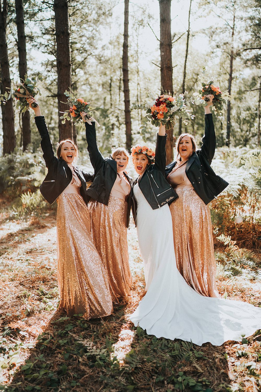 Sequin Bridesmaid Dresses Gold Leather Jackets Kent Village Hall Wedding Holly Rose Weddings