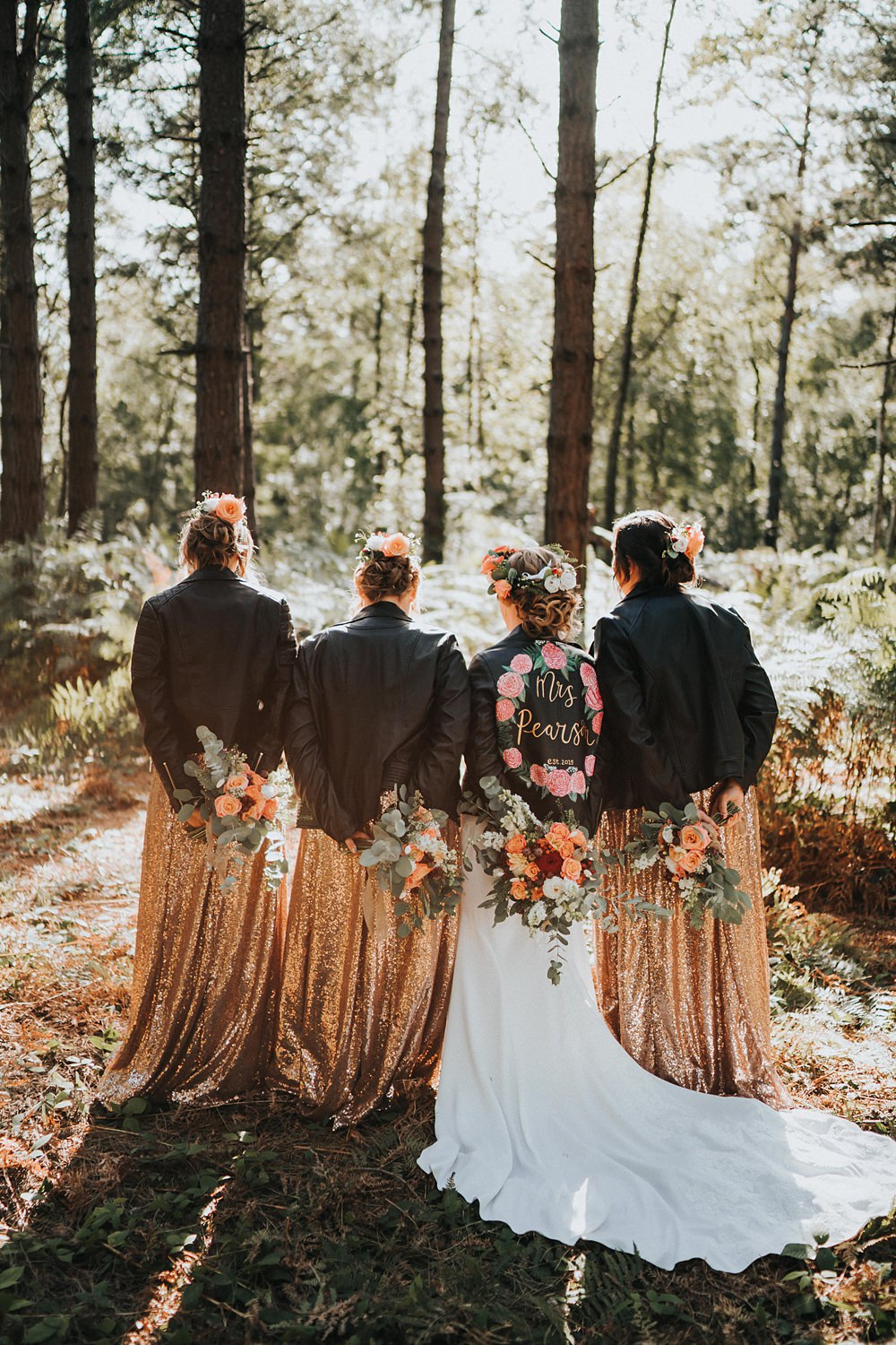 Sequin Bridesmaid Dresses Gold Leather Jackets Kent Village Hall Wedding Holly Rose Weddings