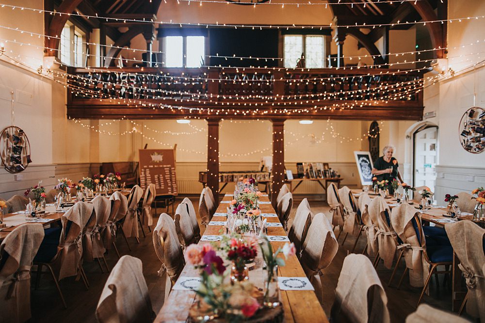 Fairy Lights Long Wooden Tables Decor Kent Village Hall Wedding Holly Rose Weddings