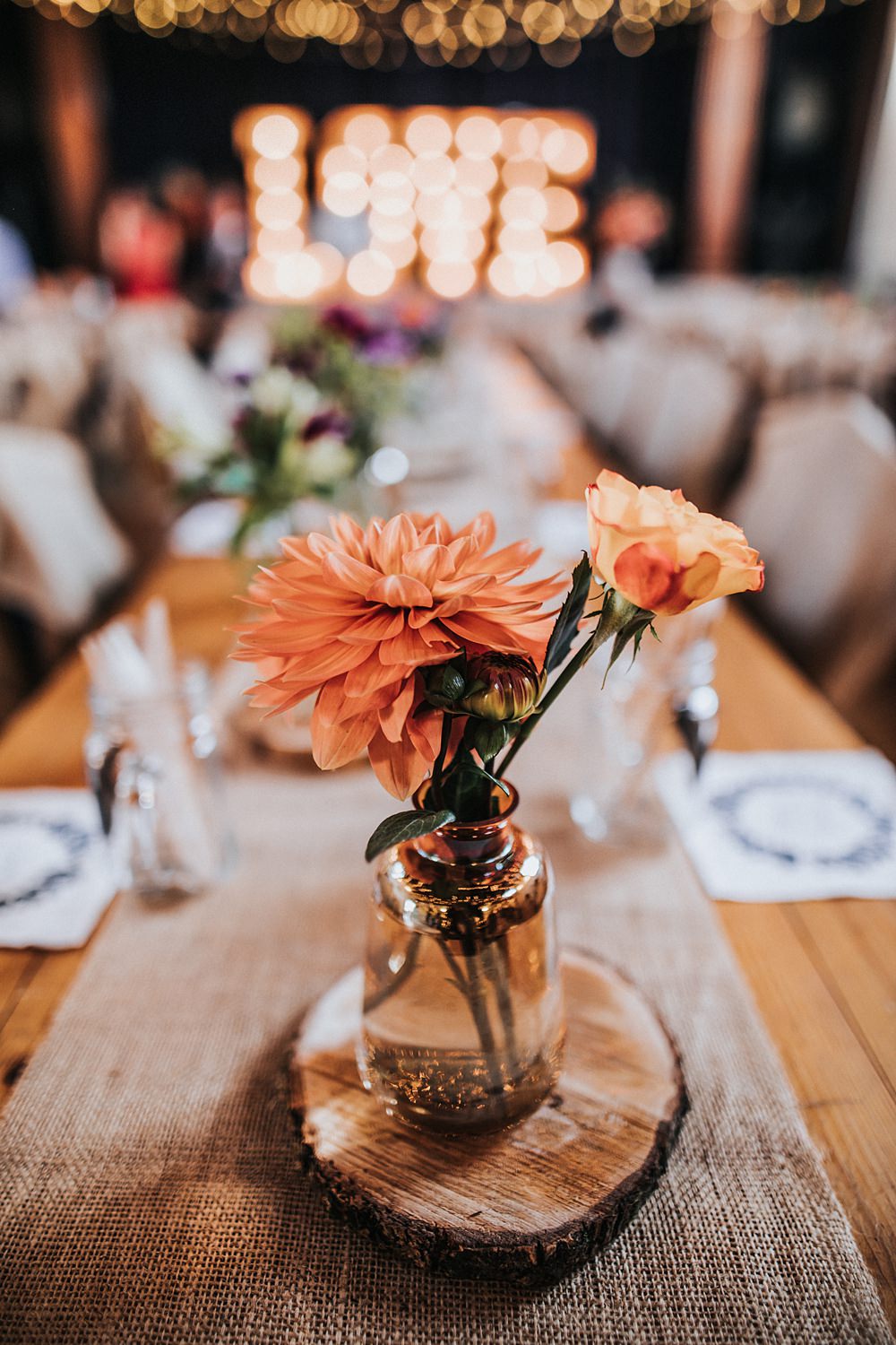Bottle Flowers Orange Dahlia Centrepiece Kent Village Hall Wedding Holly Rose Weddings